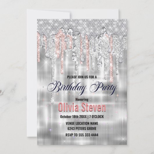 Elegantes Silber-Tropfen-Glitzer-Monogramm Einladung (Vorderseite)