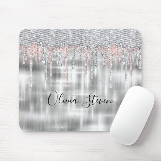 Elegantes Silber-Tropfen-Glitzer-Monogramm Mousepad (Mit Mouse)