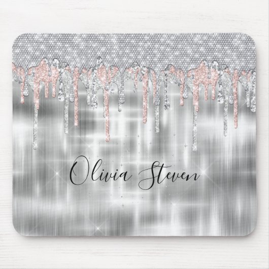 Elegantes Silber-Tropfen-Glitzer-Monogramm Mousepad (Vorne)