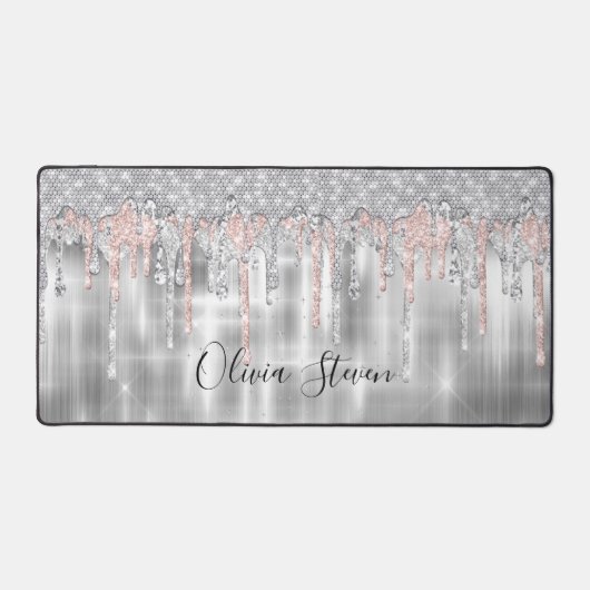 Elegantes Silber-Tropfen-Glitzer-Monogramm Schreibtischunterlage (Vorderseite)