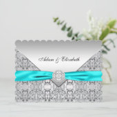 Elegantes Silber und Aquamarines Blue Lace Wedding Einladung (Stehend Vorderseite)