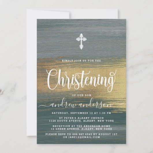 Elegantes Silber und Gold Boy Christening Einladung (Vorderseite)