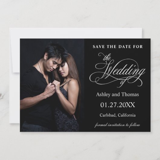 Elegantes Silber und Schwarzes Foto Save the Date (Vorderseite)