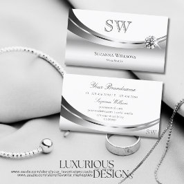 Elegantes Silber Weiß mit Monogram Funkelnd Diamon Visitenkarte