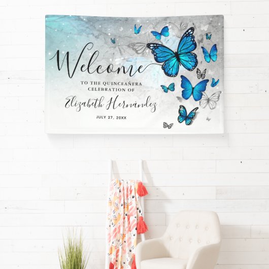 Elegantes Silberblauer Schmetterling Begrüßungs-Pa Banner (InSitu)