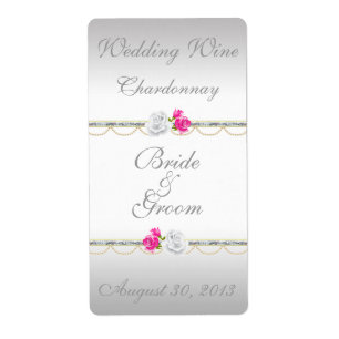 Elegantes Silberdamtel und rosa Hochzeitsweinlabel