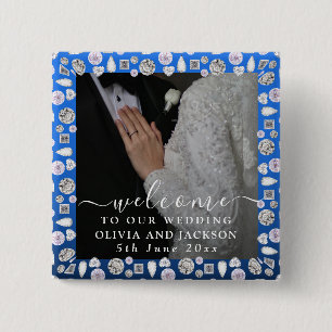 Elegantes Silberes blaues Herz Diamant Glitzer Hoc Button