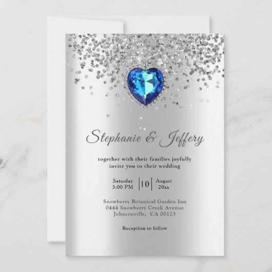 Elegantes Silberes blaues Herz Diamant Glitzer Hoc Einladung (Vorderseite)