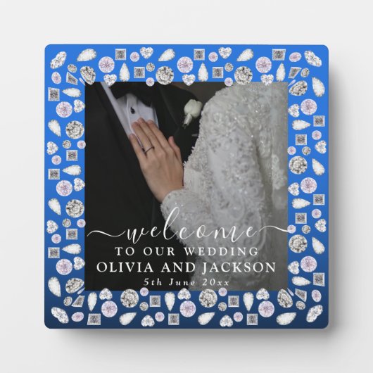 Elegantes Silberes blaues Herz Diamant Glitzer Hoc Fotoplatte (Vorderseite)