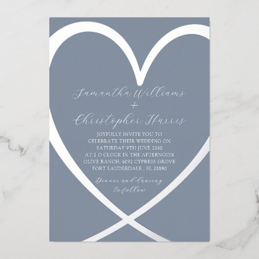 Elegantes Silberfolienherz & dutzende blaue Hochze Folieneinladung (Vorderseite)