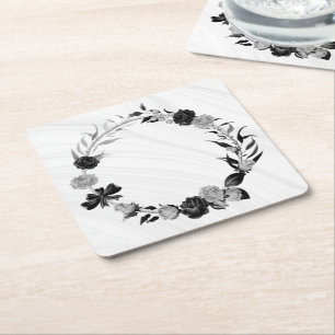 elegantes Silbergrau und schwarzes Floral Rechteckiger Pappuntersetzer