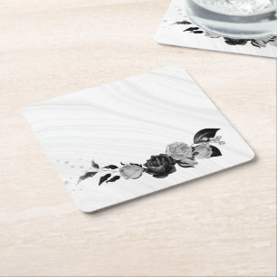elegantes Silbergrau und schwarzes Floral Rechteckiger Pappuntersetzer