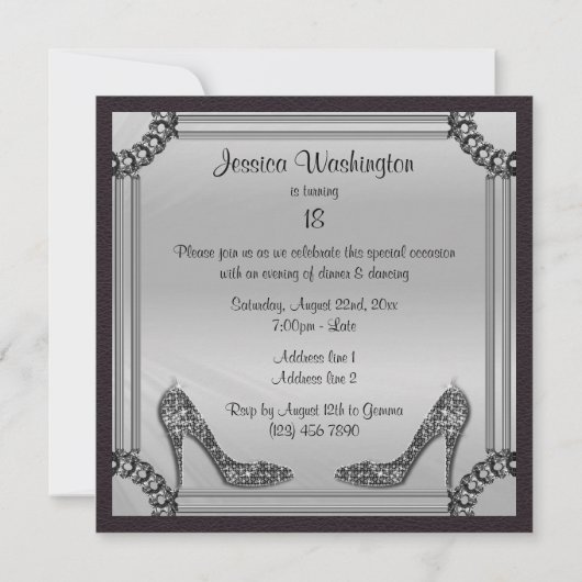 Elegantes silbernes gerahmtes schwarzes einladung (Rückseite)