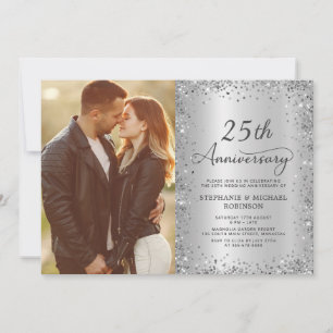 Elegantes silbernes Glitter-Foto zum 25. Hochzeits Einladung