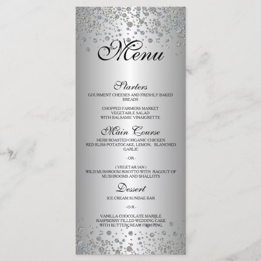 Elegantes, silbernes Hochzeitmenü Menükarte (Vorderseite)