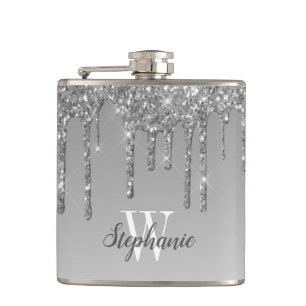 Elegantes silbernes, tropfendes, falsches Glitter- Flachmann