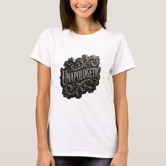 Elegantes Silbernes UNAPOLOGETIC Statement T-Shirt (Vorderseite)