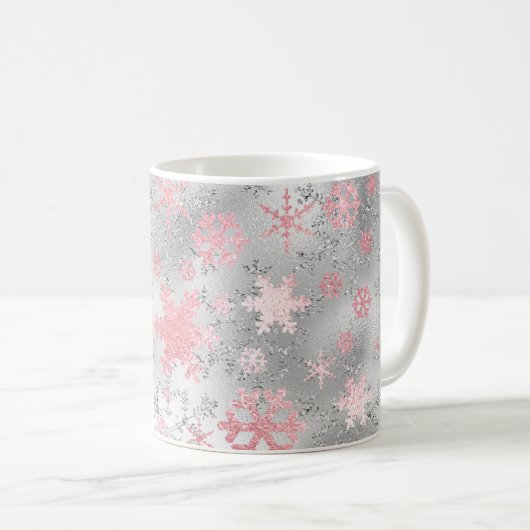 Elegantes Silberrosa Schneeflockenmuster Kaffeetasse (VorderseiteRechts)