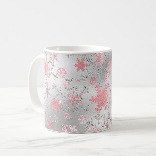 Elegantes Silberrosa Schneeflockenmuster Kaffeetasse (Vorderseite Links)