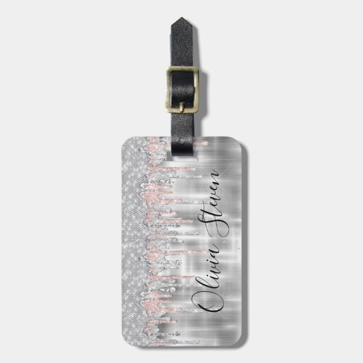 Elegantes silbertropfendes Glitzer Monogramm Gepäc Gepäckanhänger (Vorderseite vertikal)