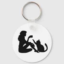 Elegantes Silhouette Art Girl mit einem KatzenSchl Schlüsselanhänger