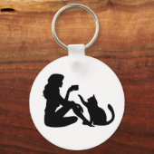Elegantes Silhouette Art Girl mit einem KatzenSchl Schlüsselanhänger (Vorderseite)