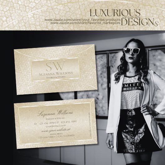 Elegantes Silk Cream Snake-Muster mit Monogramm Visitenkarte