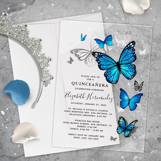 Elegantes Silver and Blue Butterfly Quinceanera Acryleinladungen