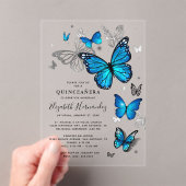 Elegantes Silver and Blue Butterfly Quinceanera Acryleinladungen (Insitu (Handheld))