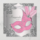 Elegantes Silver and Pink Masquerade Party Einladung (Vorne/Hinten)