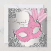 Elegantes Silver and Pink Masquerade Party Einladung (Vorderseite)