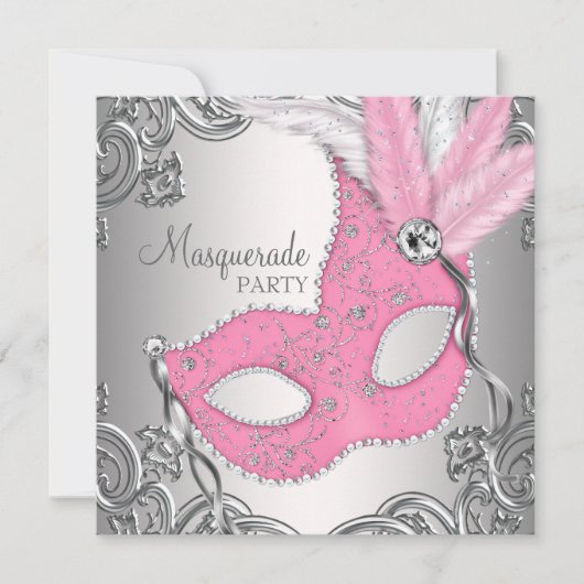 Elegantes Silver and Pink Masquerade Party Einladung (Vorderseite)