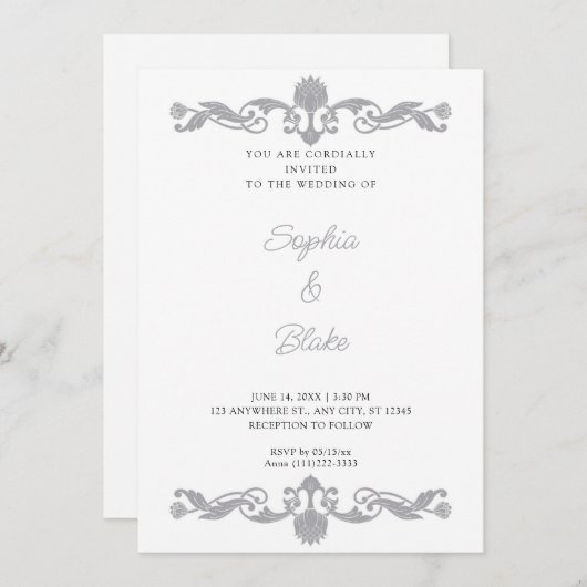 Elegantes Silver and White Art Deco Hochzeit Einladung (Vorne/Hinten)