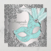 Elegantes Silver Aquamarin Blue Masquerade Party Einladung (Vorne/Hinten)