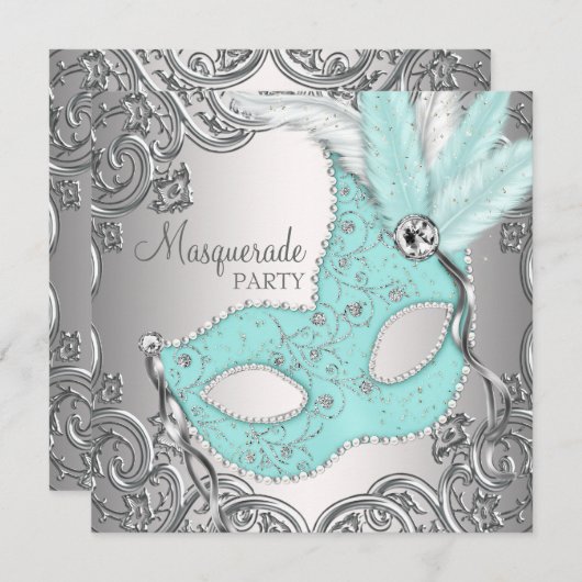 Elegantes Silver Aquamarin Blue Masquerade Party Einladung (Vorne/Hinten)