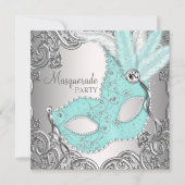 Elegantes Silver Aquamarin Blue Masquerade Party Einladung (Vorderseite)