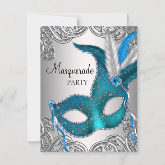 Elegantes Silver Aquamarin Blue Masquerade Party Einladung (Vorderseite)