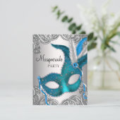 Elegantes Silver Aquamarin Blue Masquerade Party Einladung (Stehend Vorderseite)
