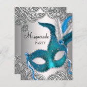 Elegantes Silver Aquamarin Blue Masquerade Party Einladung (Vorne/Hinten)