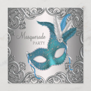 Elegantes Silver Aquamarin Blue Masquerade Party Einladung