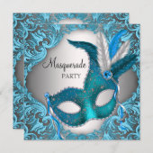Elegantes Silver Aquamarin Blue Masquerade Party Einladung (Vorne/Hinten)