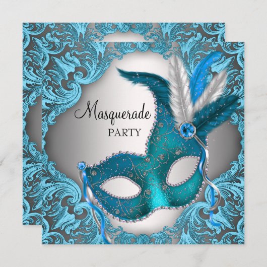 Elegantes Silver Aquamarin Blue Masquerade Party Einladung (Vorne/Hinten)