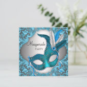 Elegantes Silver Aquamarin Blue Masquerade Party Einladung (Stehend Vorderseite)