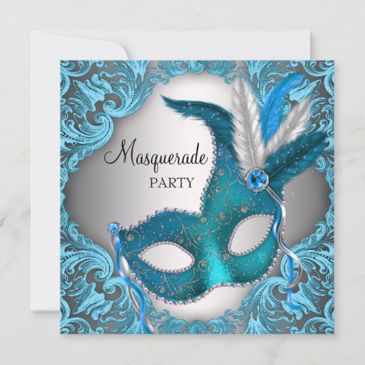 Elegantes Silver Aquamarin Blue Masquerade Party Einladung (Vorderseite)