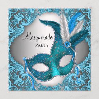 Elegantes Silver Aquamarin Blue Masquerade Party Einladung