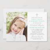 Elegantes Silver Aquamarin First Communion Girl Fo Einladung (Vorderseite)