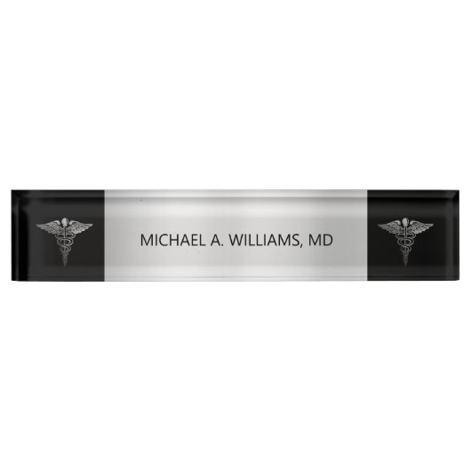 Elegantes Silver auf Black Caduceus Medical Doctor Namensplakette (Vorderseite)