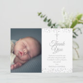 Elegantes Silver Baptism Christening Hearts Foto Dankeskarte (Stehend Vorderseite)