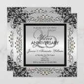Elegantes Silver & Black 25. Hochzeitstag Einladung (Vorne/Hinten)