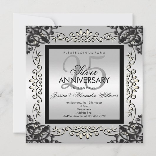 Elegantes Silver & Black 25. Hochzeitstag Einladung (Vorderseite)